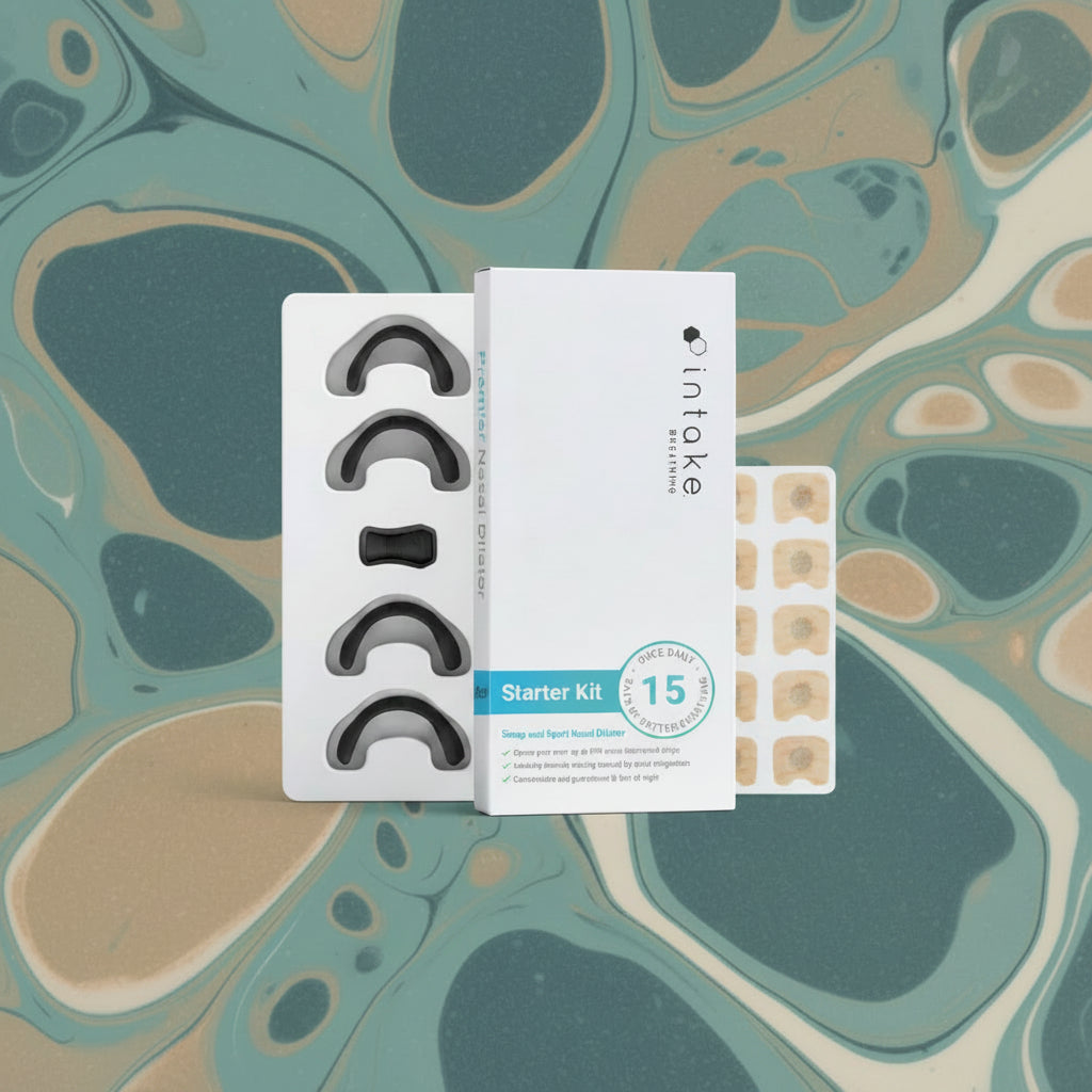 Intake Breathing Starter Kit with nasal dilators and patches on a white background