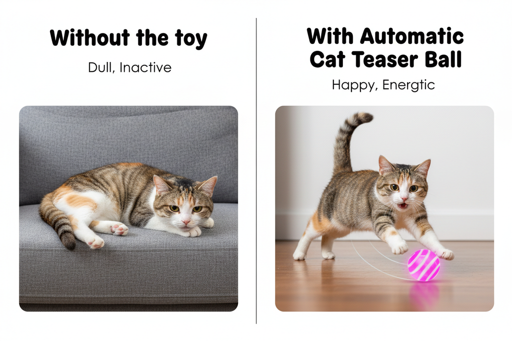Before and after comparison - bored cat vs happy cat playing
