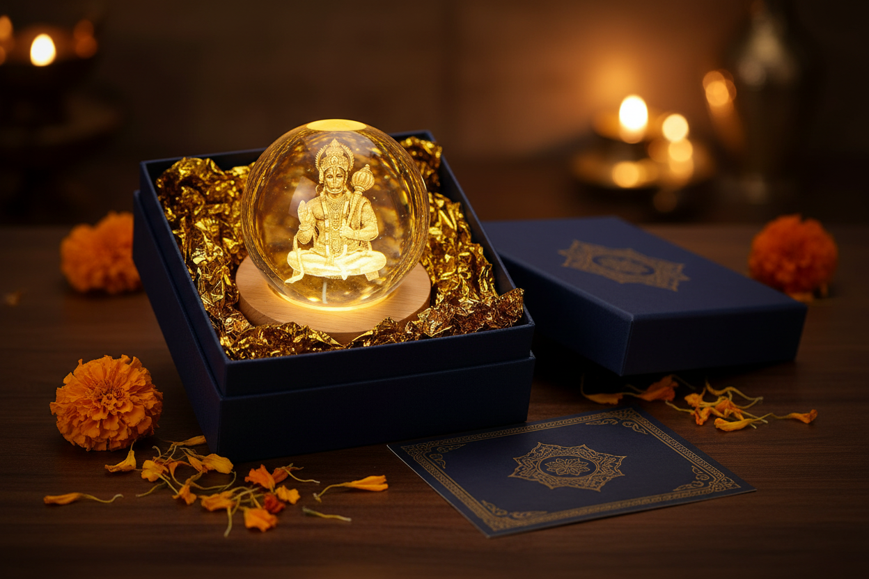 Lord Hanuman 3D Laser Engraved Crystal Ball LED Night Light with Wooden Base