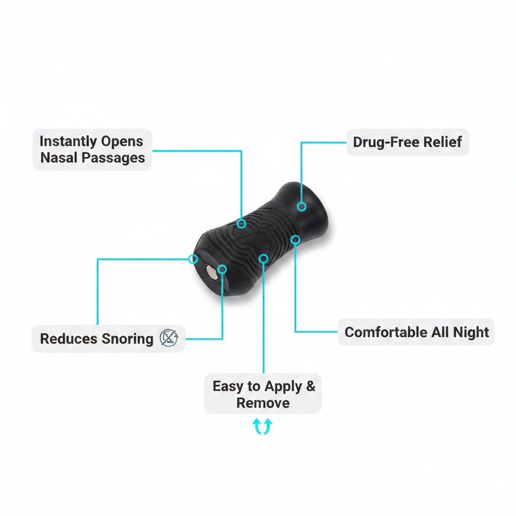 Nasal strip feature callout opens nasal passages drug-free reduces snoring