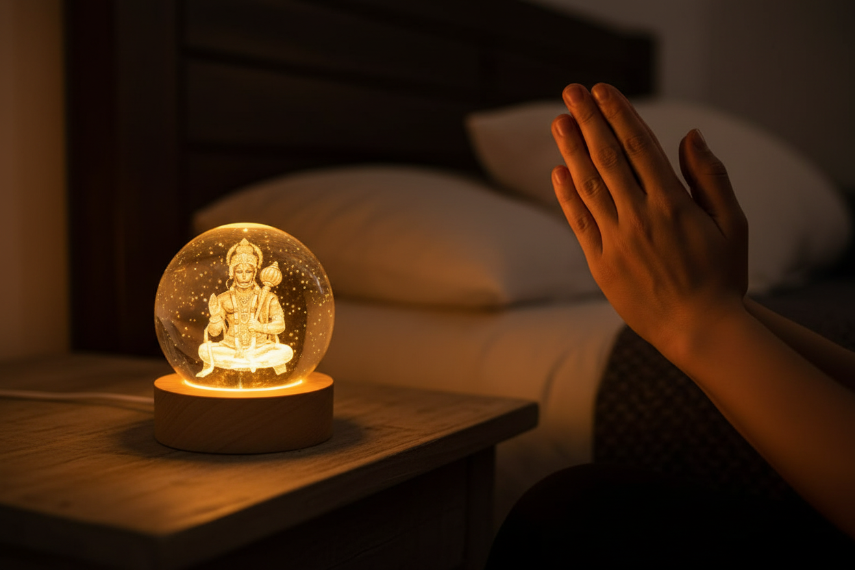 Lord Hanuman 3D Laser Engraved Crystal Ball LED Night Light with Wooden Base