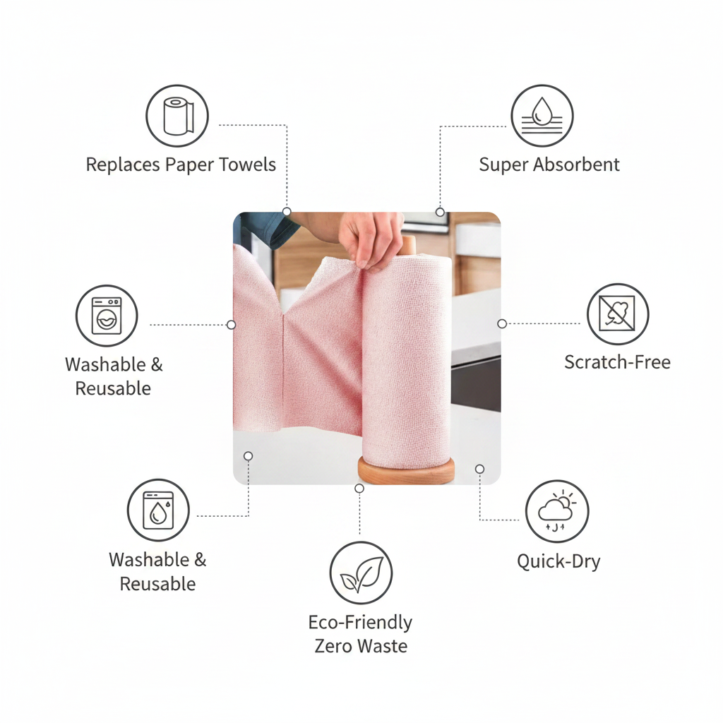 Reusable Microfiber Cleaning Cloth Roll | Washable Paper Towel Alternative | Absorbent Kitchen Wipes