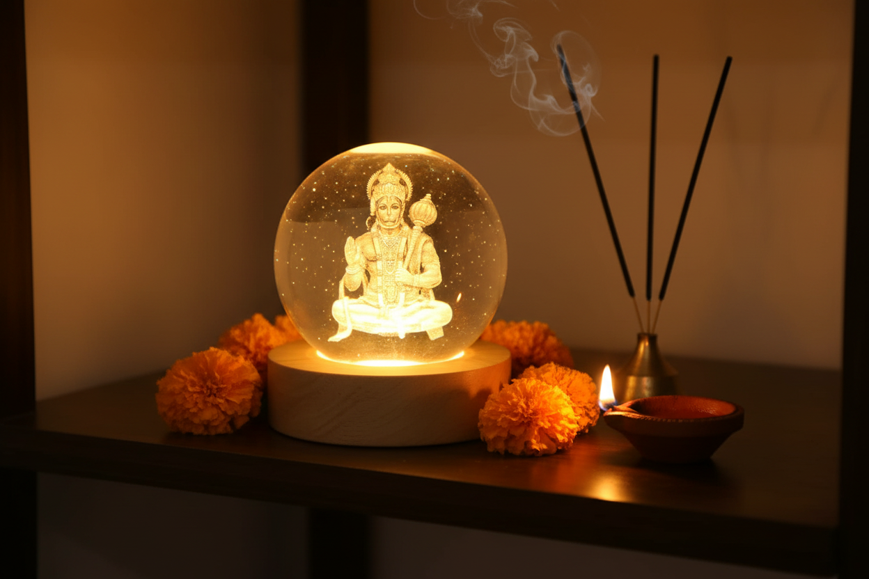Lord Hanuman 3D Laser Engraved Crystal Ball LED Night Light with Wooden Base