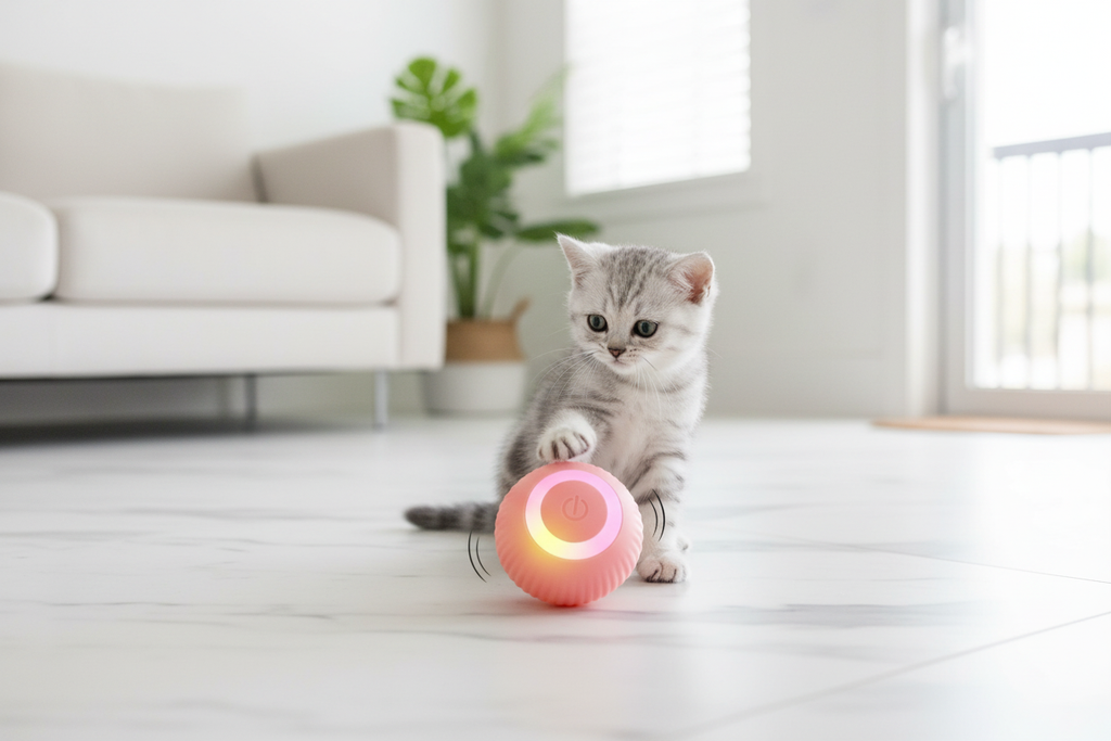 Kitten pawing at glowing pink rolling ball toy
