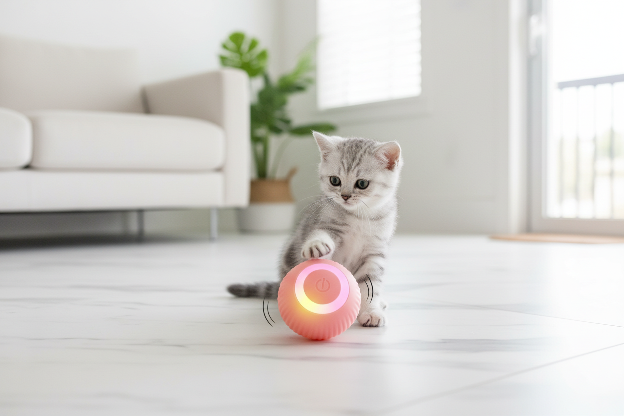 Kitten pawing at glowing pink rolling ball toy