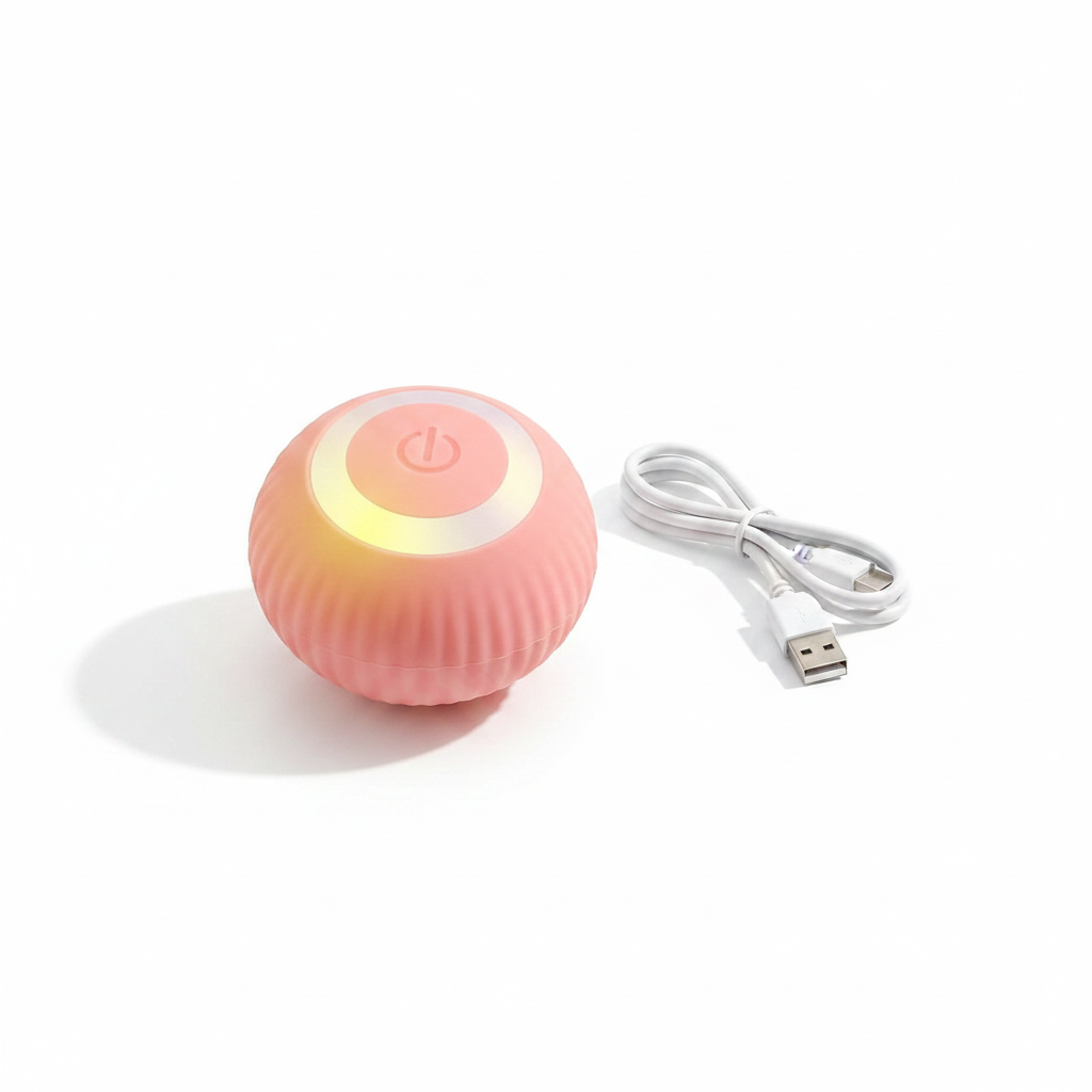 Pink automatic cat teaser ball flat lay with USB cable