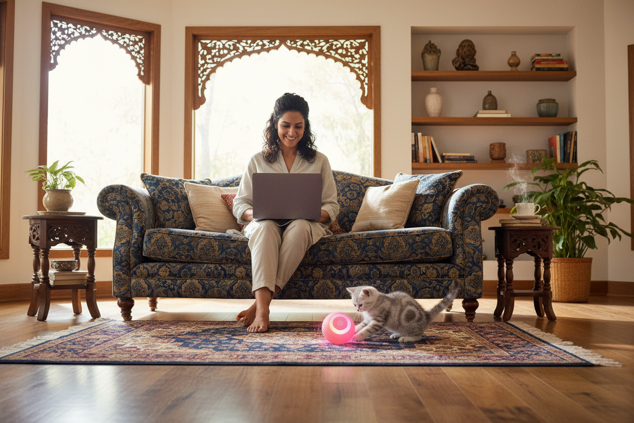 Woman working on laptop while cat plays with rolling ball